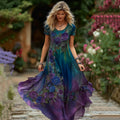 Women's Vintage Floral Embroidery Linen Short Sleeve Dress artswardrobe