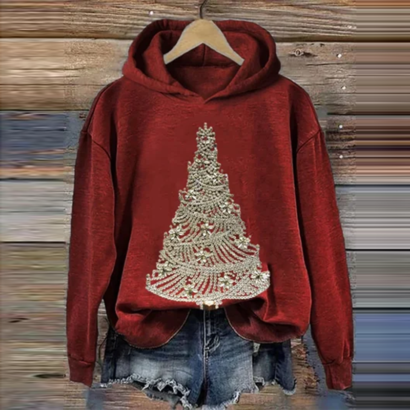 Comstylish Women's Christmas Tree Art Print Casual Hoodie