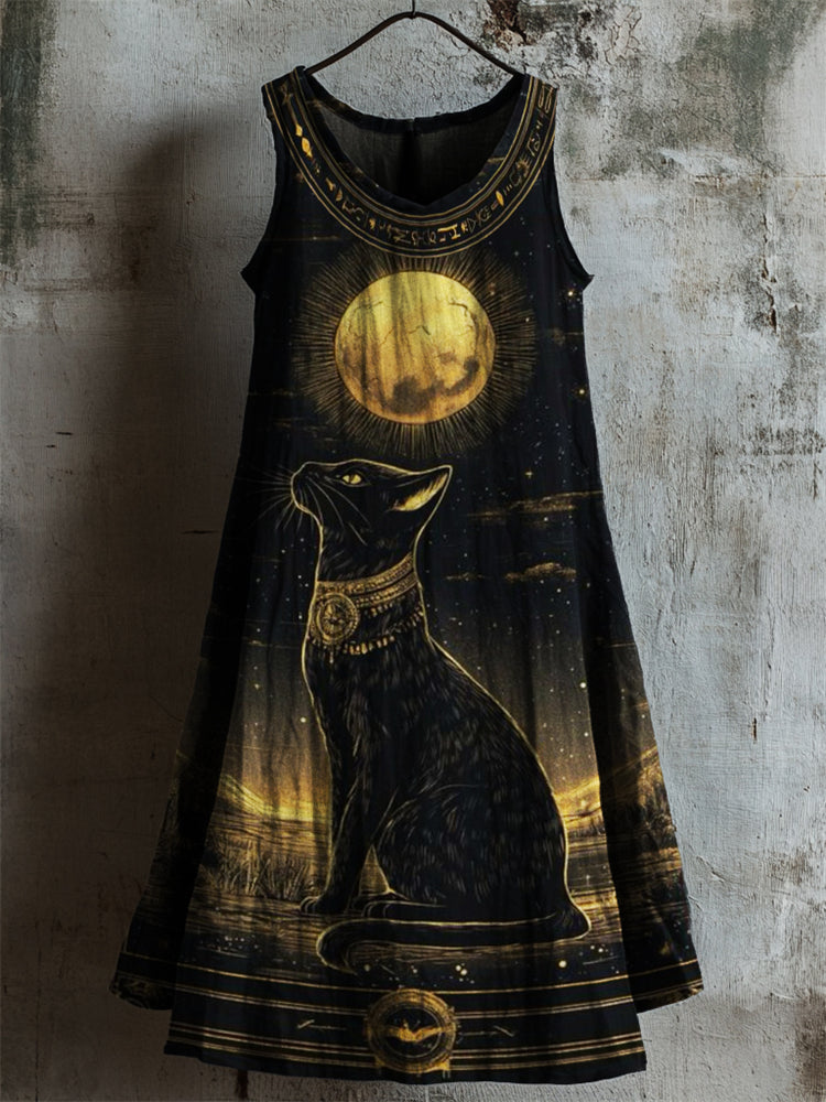 Comstylish Ancient Egyptian Divine Black Cat Linen Tank Dress