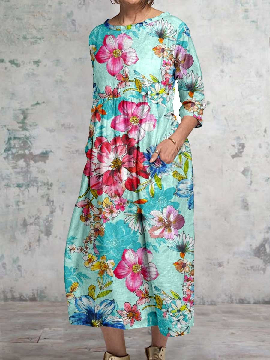 Women's  Floral Art Pattern Round Neck Cotton and Linen Dress with Pockets