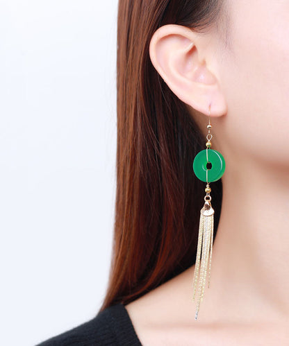 Green 14k Gold Ping Buckle Chalcedony Tassel Drop Earrings