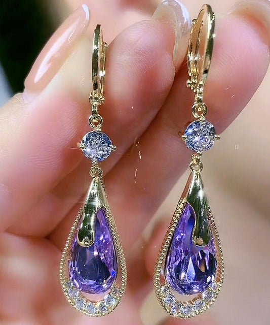 Purple Sterling Silver Inlaid Zircon Crystal Water Drop Drop Earrings