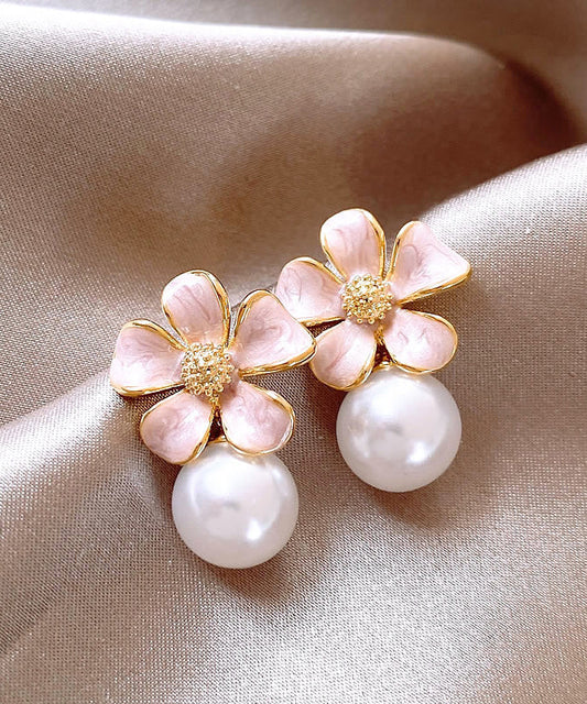 Pink Metal Alloy Pearl Drip Glaze Stud Earrings