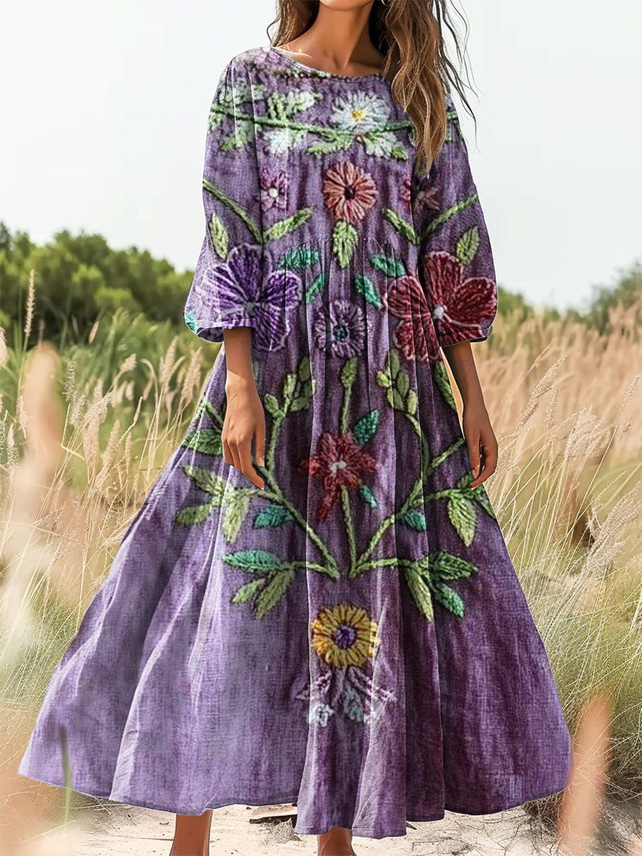 Women's Vintage Ethnic Floral Art Print Flowy Cotton Dress