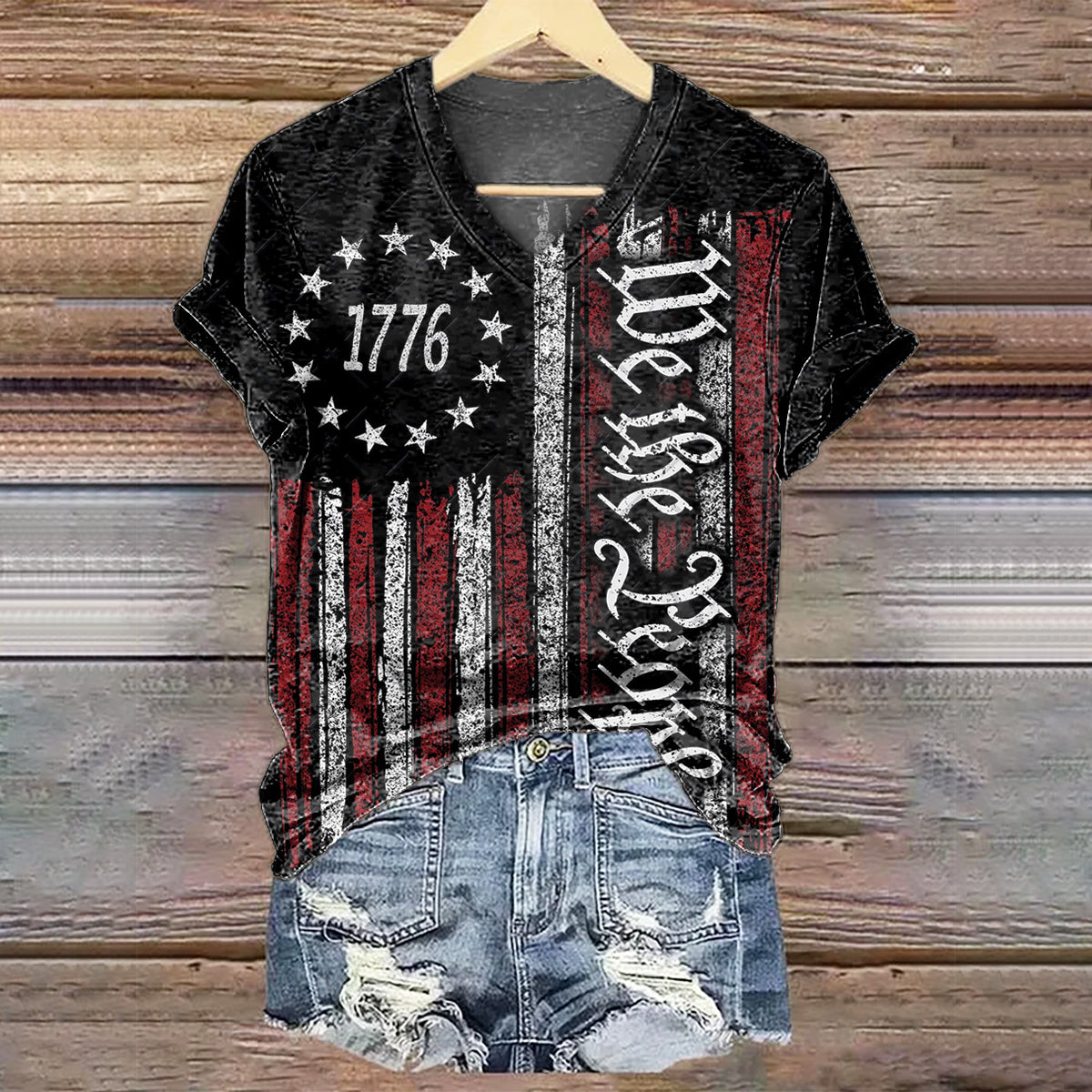Women's 1776 Pattern Art Print V-Neck Casual T-Shirt