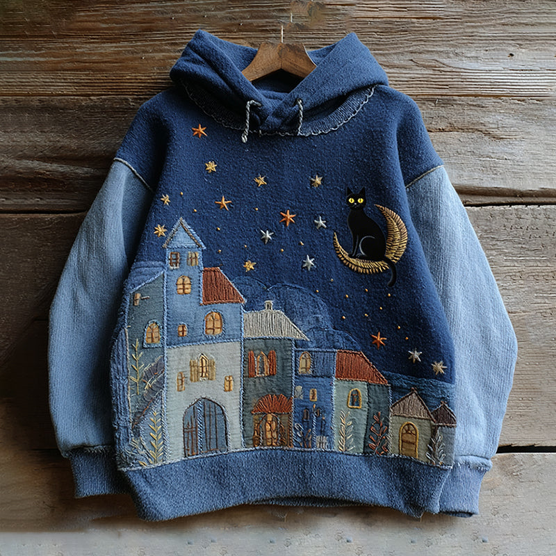 Vintage Fairytale Cottage With Lovely Cute Black Cat Inspired Embroidered Washed Hoodie elevenforest