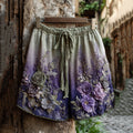 Vintage Classy Gradient Purple Lavender And Floral Embroidered Linen Shorts artswardrobe