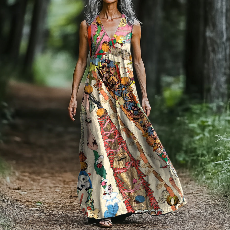 Women's Art Painting Fun Graffiti Print V-Neck Vest Dress