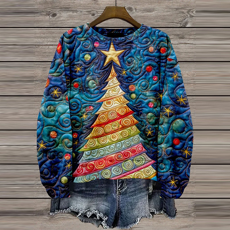 Comstylish Retro Christmas Tree Casual Print Sweatshirt