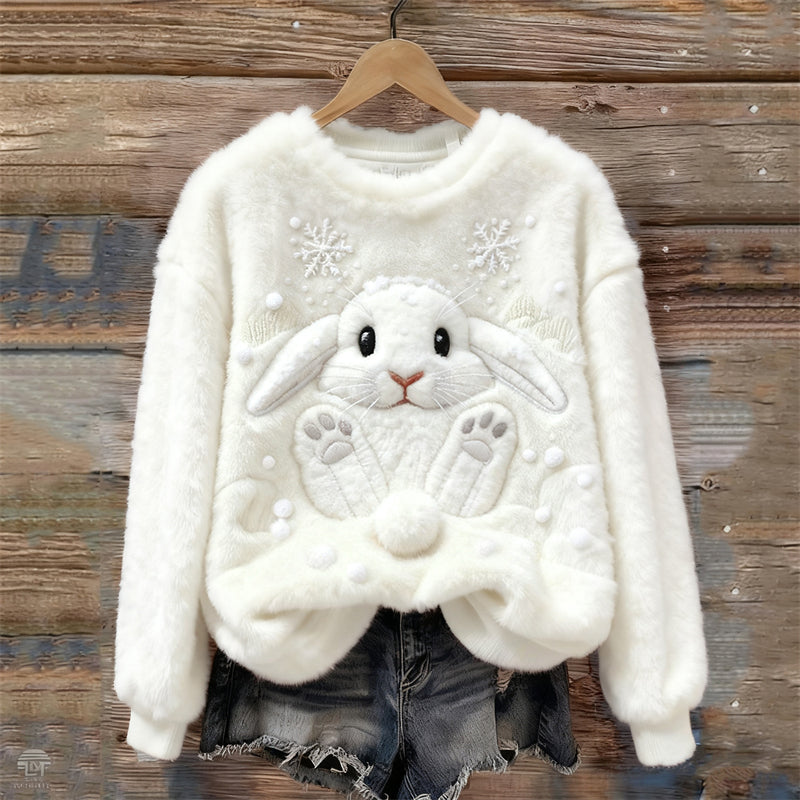 Comstylish Lovely Bunny & Snow Embroidered Cozy Plush Sweatshirt