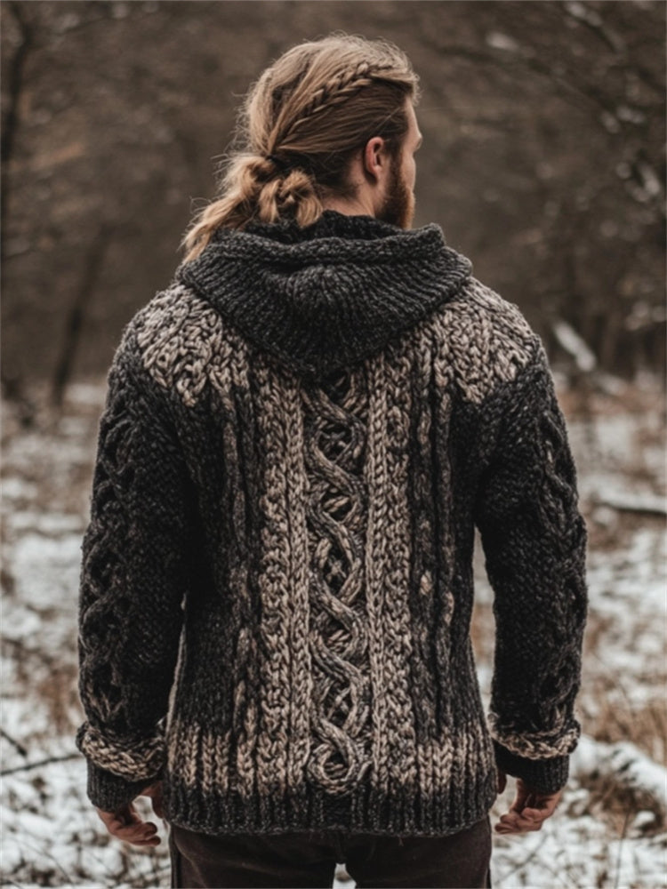 Men's Celtic Faded Contrast Color Chunky Hooded Cardigan artswardrobe