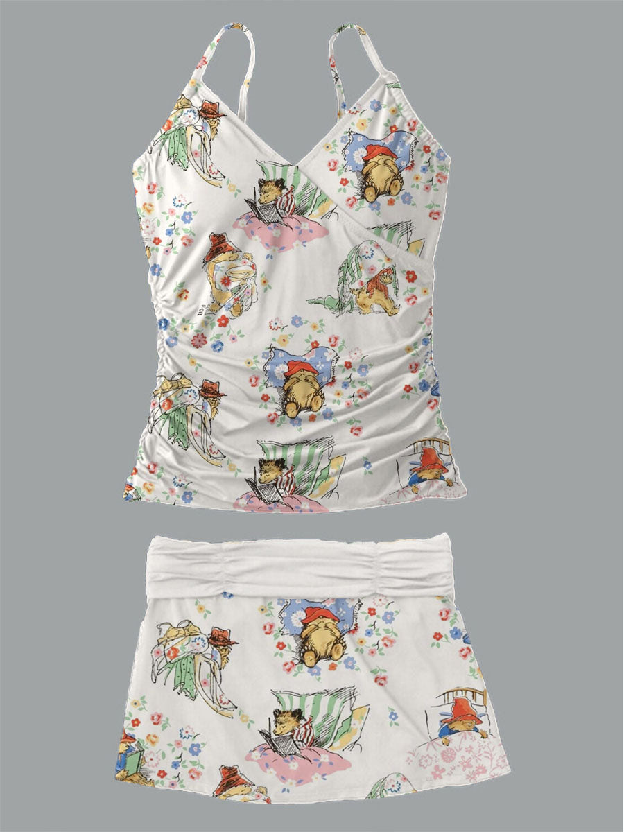 Women's Cute Animal Print Suspender Shirred Swimsuit Set