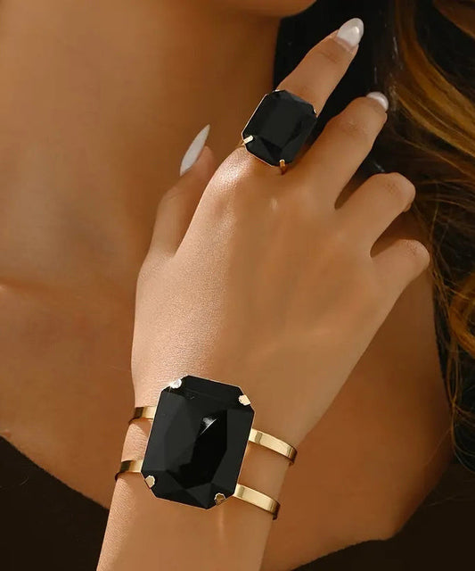 Black Metal Alloy Square Gem Stone Cuff and Rings Two-piece Set