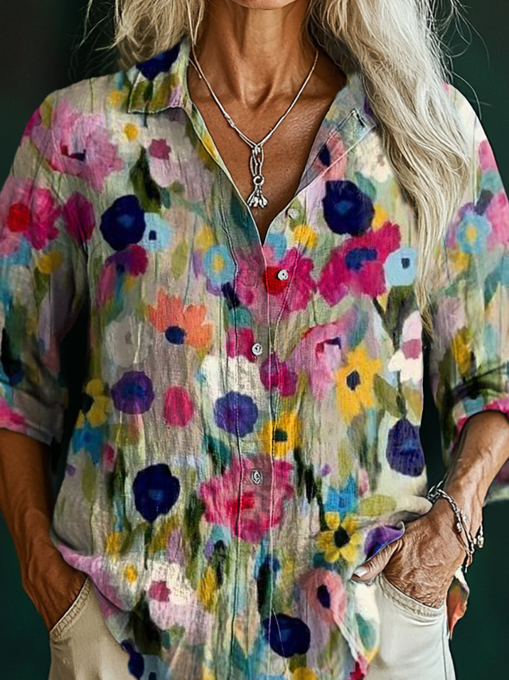Women's Painting Floral Art Print Casual Cotton Shirt