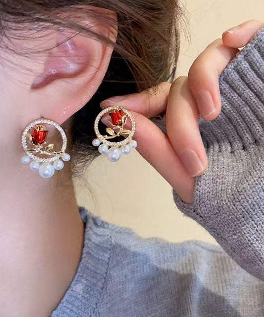 Red Copper Zircon Pearl Rose Stud Earrings