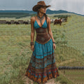 Women's Vintage Western Paisley Geometric Print V-neck Slip Maxi Dress artswardrobe