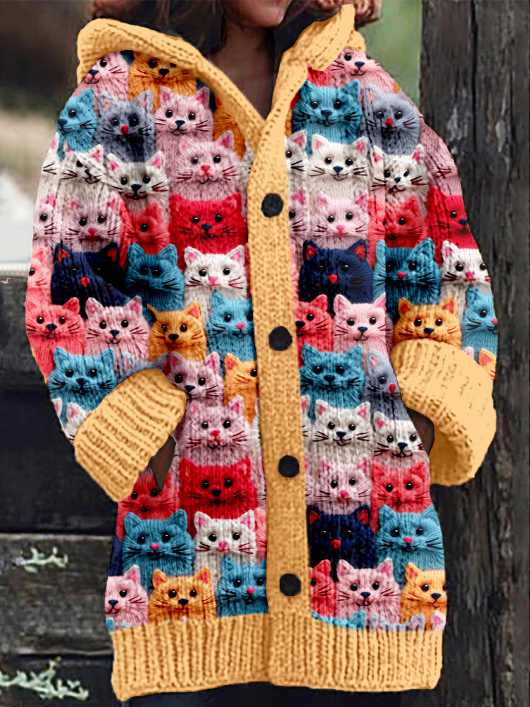 LM | Knitted coat with button placket and playful cat print