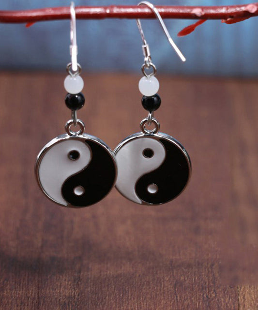 Black and White Sterling Silver Jade Tai Chi Circular Drop Earrings