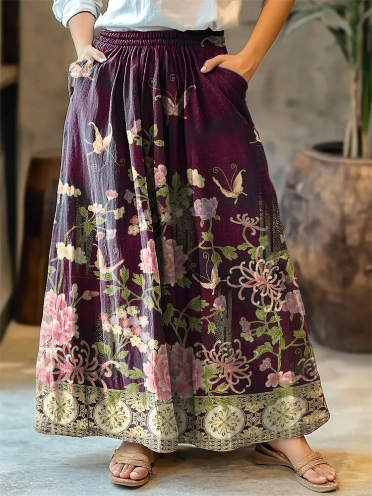 Women's Floral And Butterfly Art Print Cotton Skirt artswardrobe