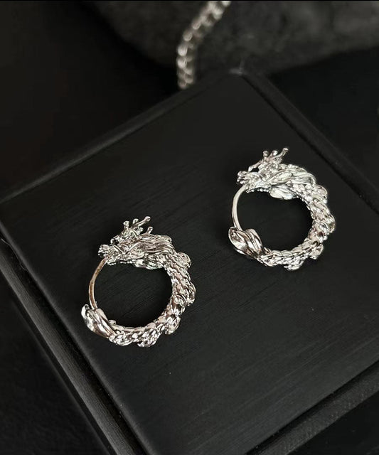 Silk Sterling Silver Dragon Shaped Circle Hoop Earrings