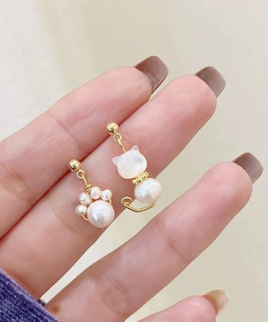 White Gold Copper Overgild Pearl Little Cats Asymmetric Drop Earrings