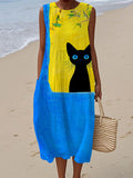 Comstylish Lovely Black Cat Contrast Color Linen Tank Dress