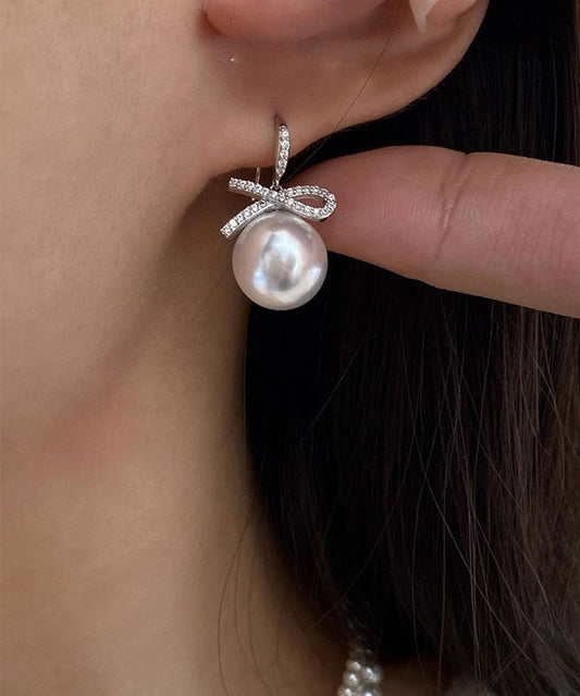 Silver Zircon Bow Pearl Silver Drop Earrings