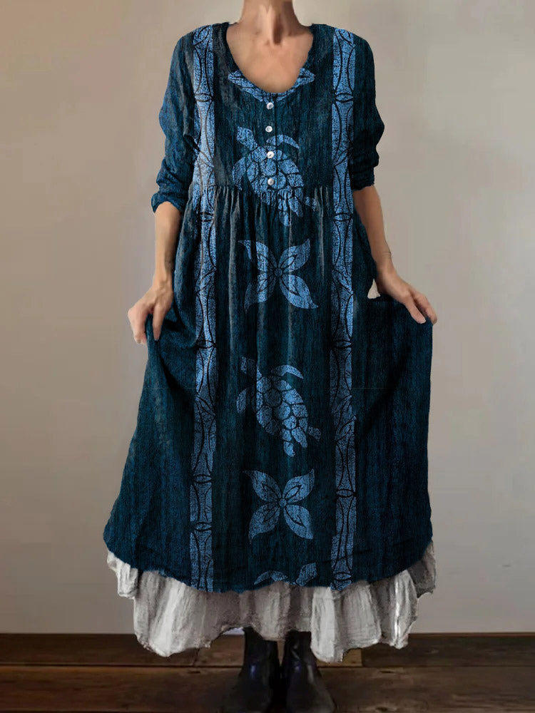 Women's Sea Turtle Art Print V-Neck Button Pocket Cotton Dress