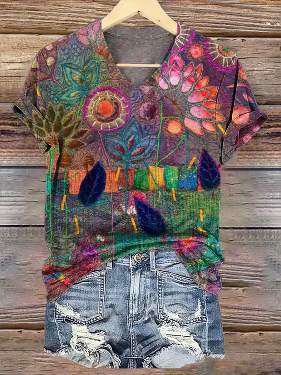 Women's Hippie Art Painting Print V-Neck T-Shirt