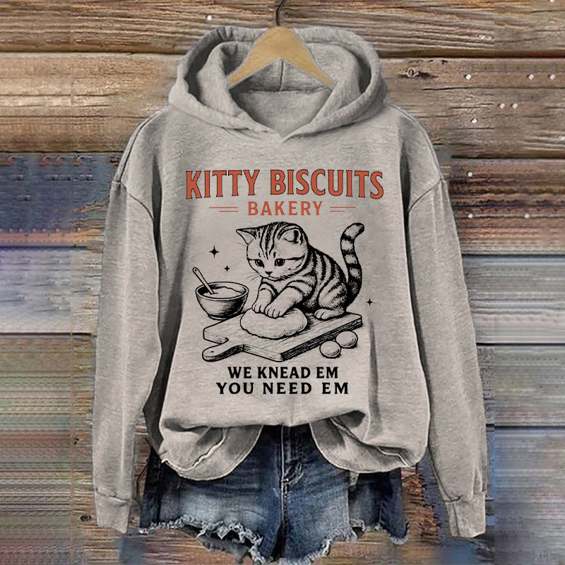 Women's Cute Kitty Biscuits Bakery Print Hoodie elevenforest