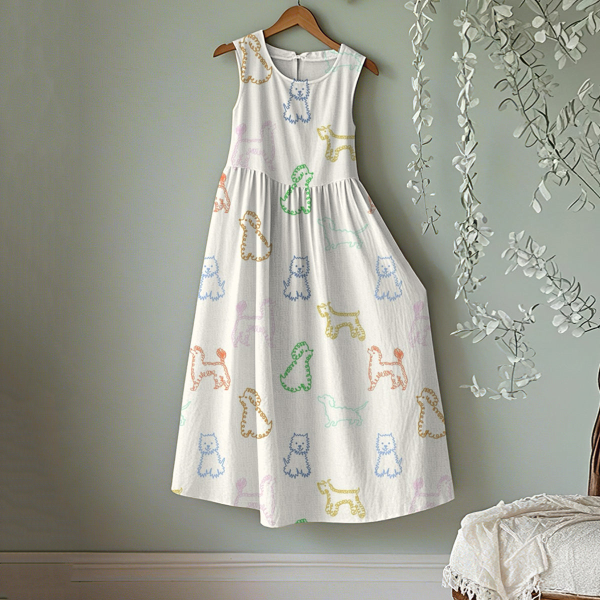 Vintage Color Line Puppy Art Linen Tank Midi Dress artswardrobe