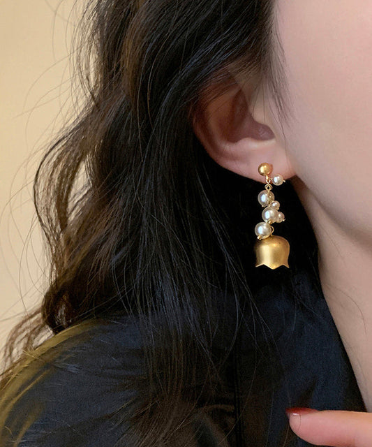 Gold Copper Overgild Pearl Lily of the Valley Tassel Drop Earrings