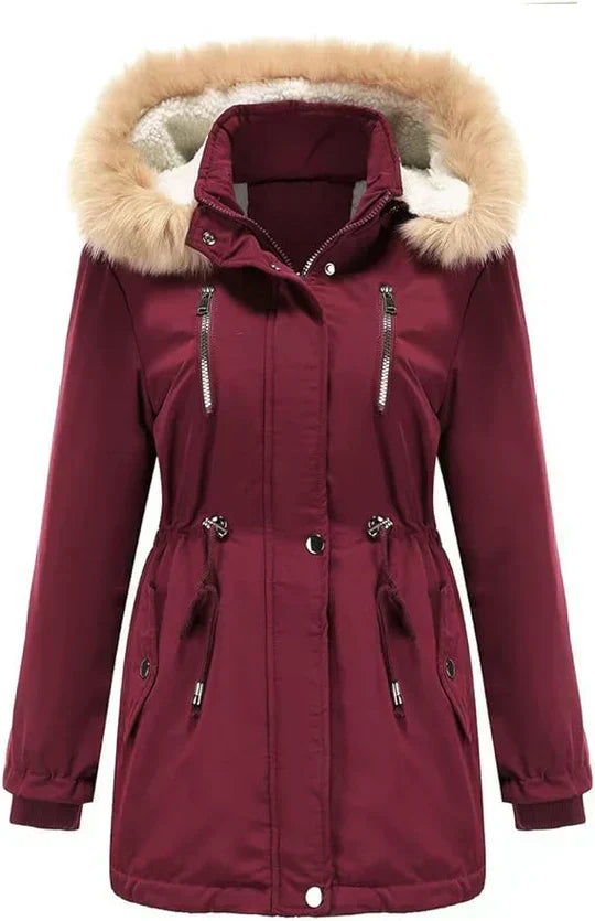 LM | long coat with faux fur hood and fleece lining
