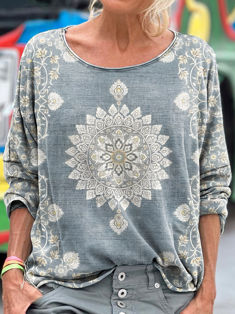 Light blue National style Flowers Women's Art Print Casual Long Sleeve
