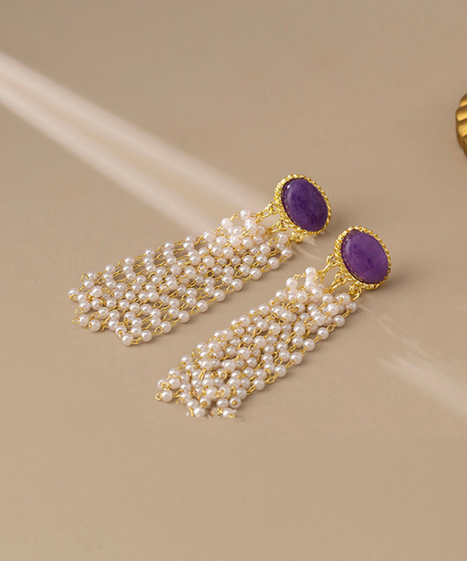 Purple Alloy Pearl Resin Tassel Drop Earrings