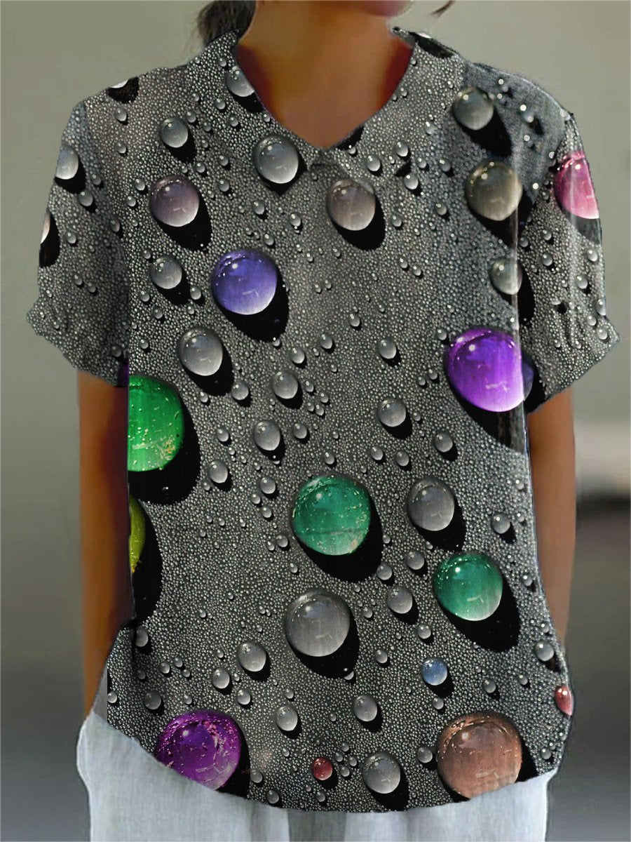 Rainbow Color Water Droplet Art Printed Women's Casual Cotton And Linen Shirt