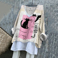 Women's Line Cat Art Cotton And Linen Long Sleeve T-shirt artswardrobe