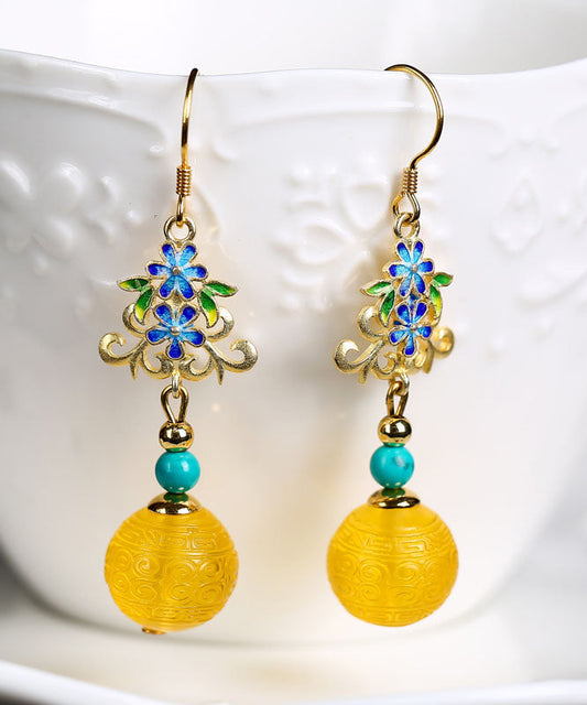 Art Yellow Sterling Silver Inlaid Amber Turquoise Drop Earrings