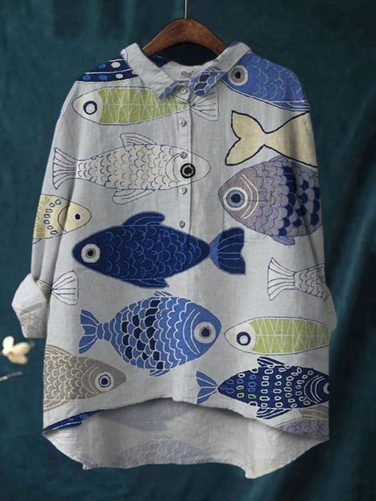 Women' Cartoon Fish Print Casual Cotton And Linen Shirt