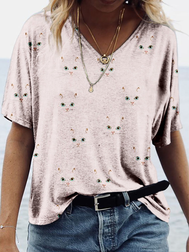 Cute Cat Face Pattern V Neck Comfy T Shirt elevenforest