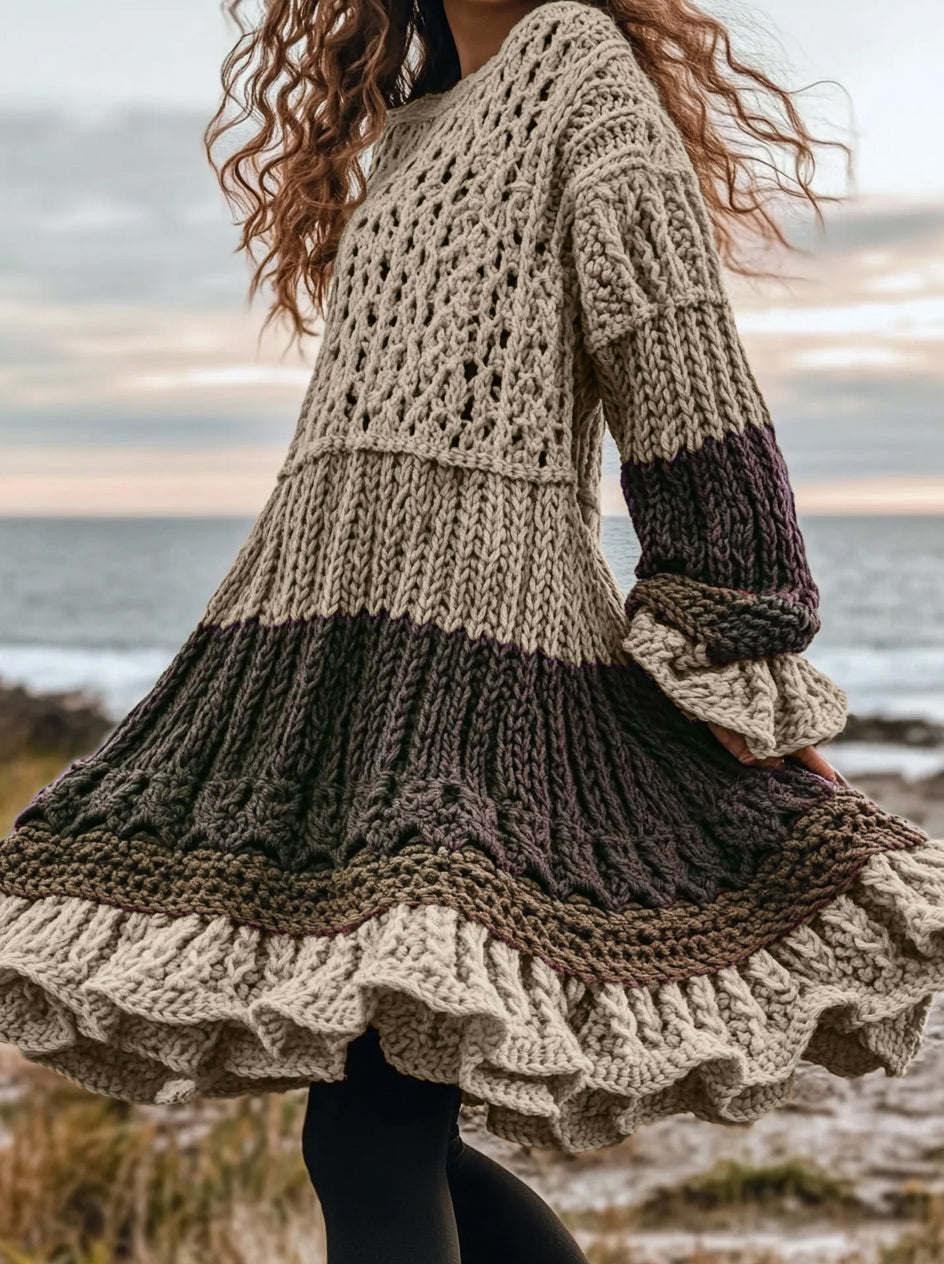 Women's Celtic Knotted Color Block Jacquard Crew Neck Sweater Dress artswardrobe