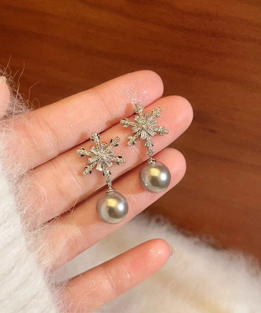 Boutique Grey Copper Overgild Pearl Snowflake Drop Earrings