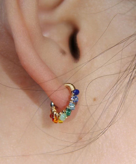 Rainbow Alloy Glass Bead Hoop Earrings