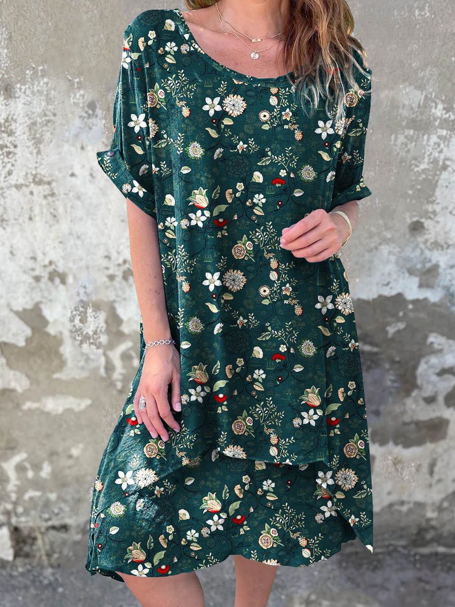 Women's Summer Vintage Floral Art Casual Round Neck Cotton Dress