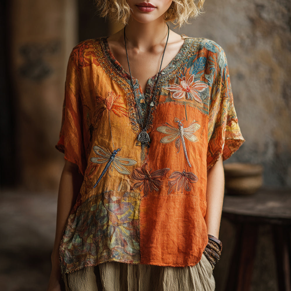 Bohemian-style Patchwork Dragonfly Three-dimensional Embroidery V-neck Short-sleeved Shirt artswardrobe