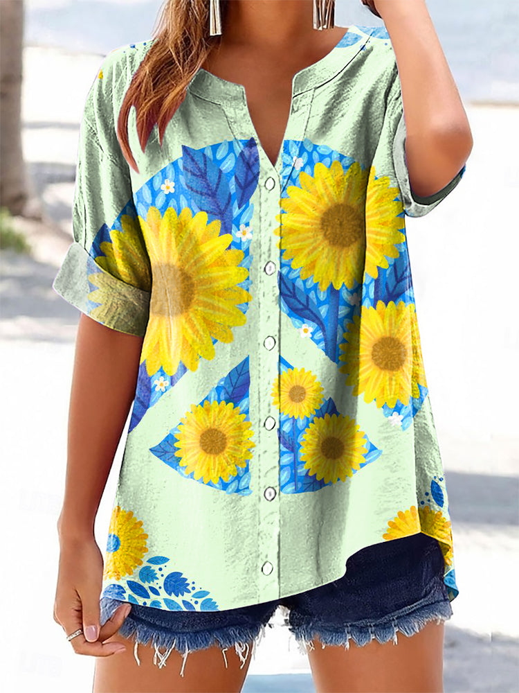Women's Hippie Floral Art Print Casual Cotton And Linen Shirt