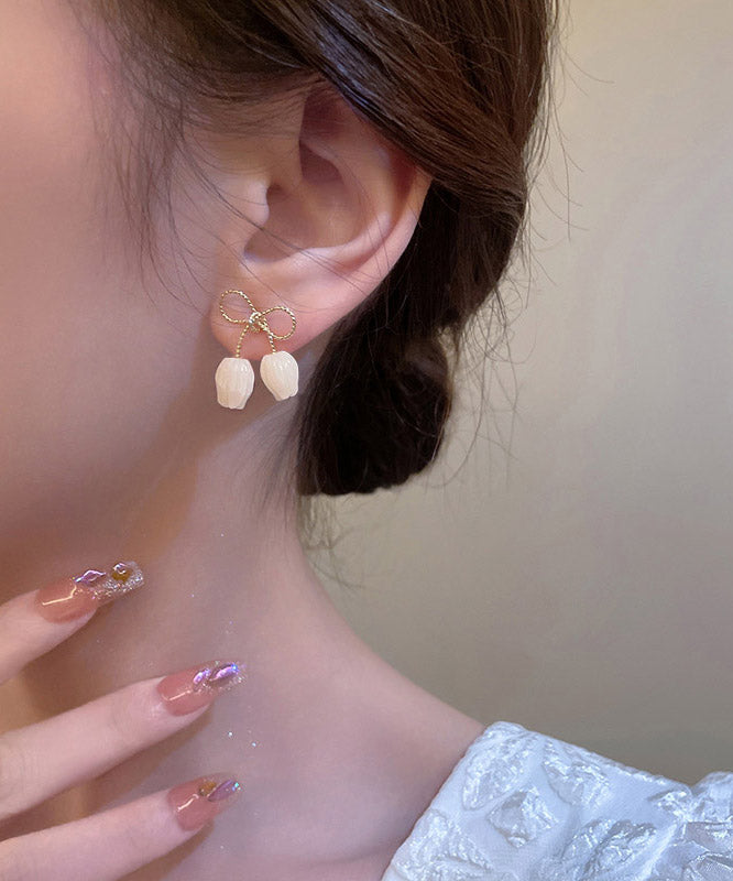 Diy White Alloy Resin Bow Hoop Earrings