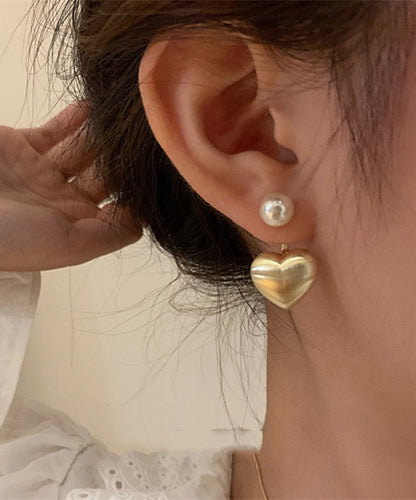 Gold Metal Alloy Dull Polish Love Pearl Stud Earrings