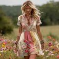 Women's Vintage Rose Floral Art Patchwork Comfy Midi Dress artswardrobe