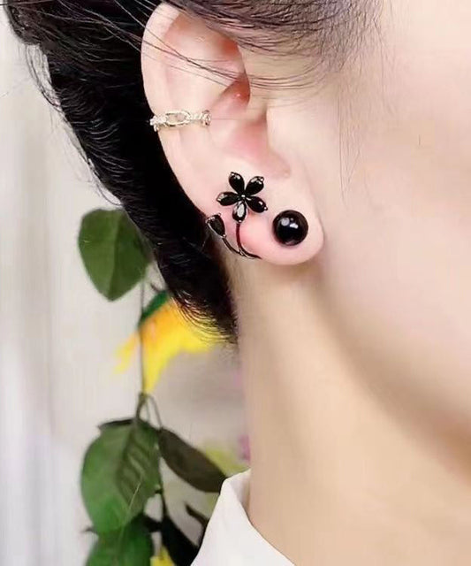 Fine Black Alloy Inlaid Gem Stone Stud Earrings